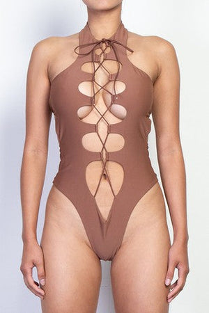 1-piece Cutout Swimsuit- Camel