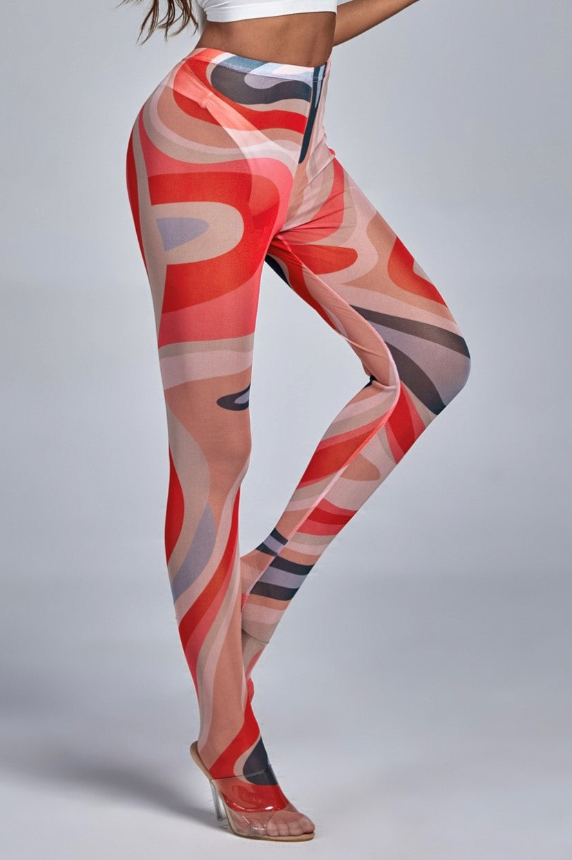 Mesh Footed Leggings- Red/Coral