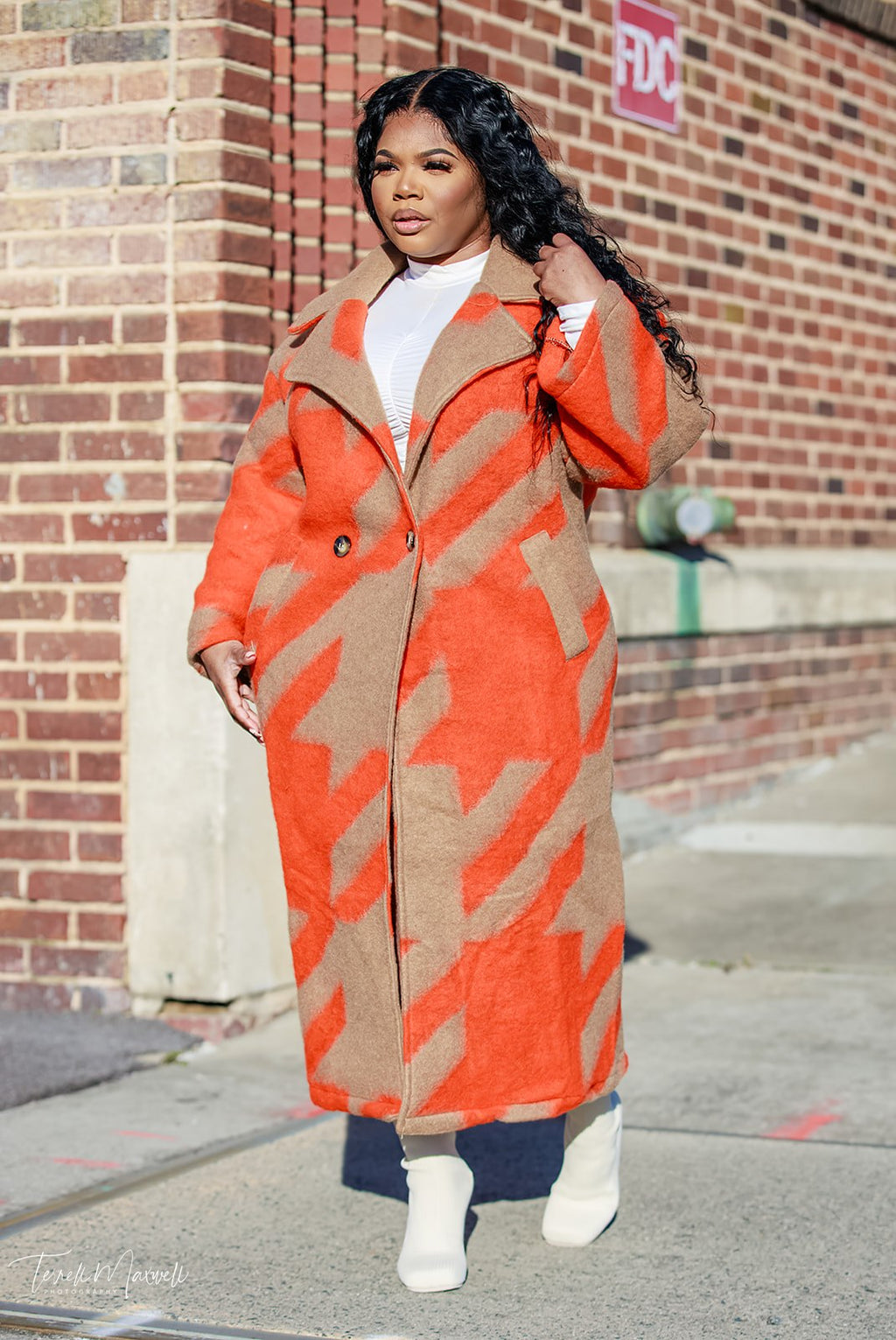 Houndstooth  Oversized Fleece Trench- Coral